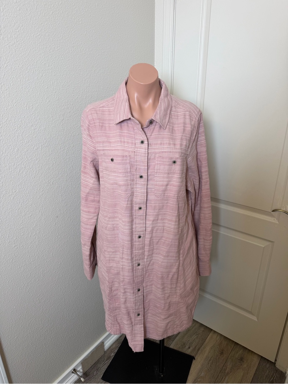 Prana Blush Pink Cotton Long Button-Up Shirt Dress